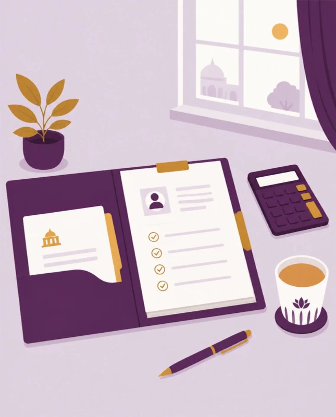 Illustration of an advisor's desk with an open customer file, a checklist, a calculator and a cup of chai